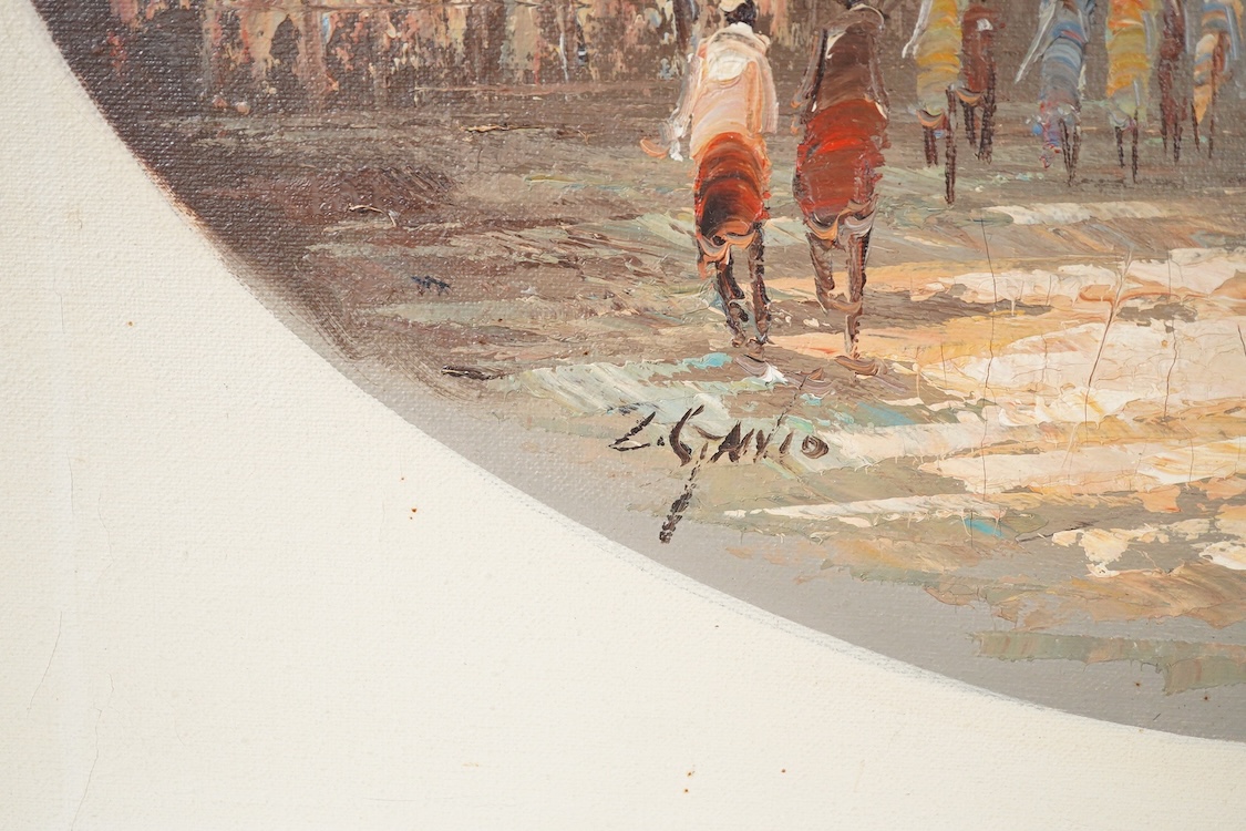 Impressionist, Busy French street scene, indistinctly signed, feigned oval oil on canvas, overall 50 x 60cm, unframed